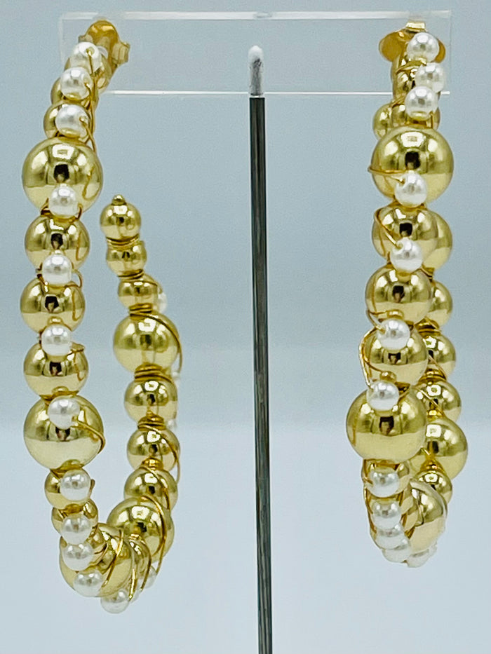 Pearl Gold Beads Wrapped Hoop Earrings
