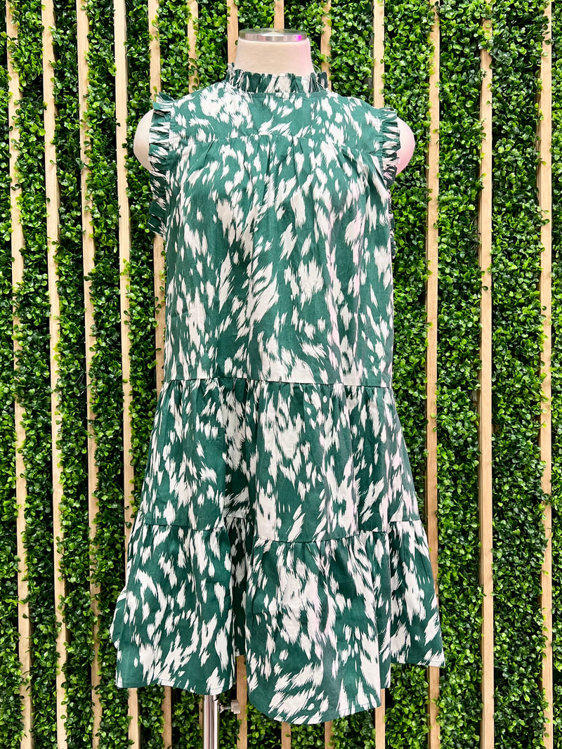 Green Watercolor Print Tiered Short Dress