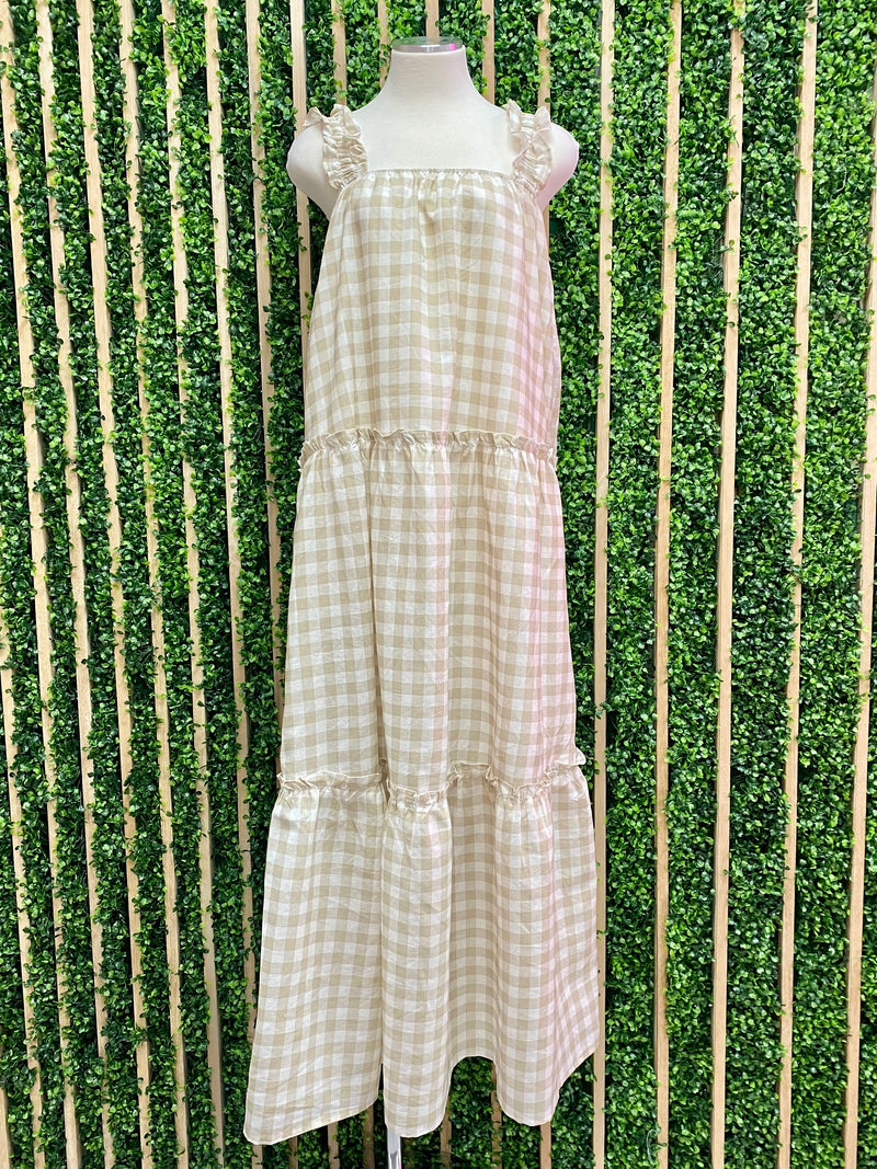 Exquisite Beige Gingham Tiered Maxi