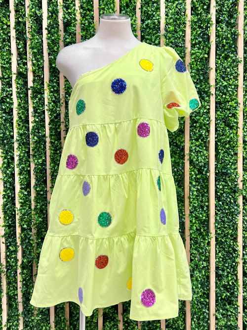 Funky Lime Sequin Dots One Shoulder Dress
