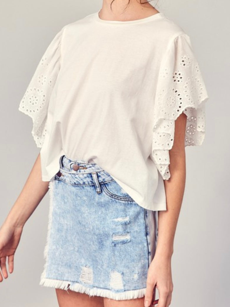 White Eyelet Flutter Sleeves Top