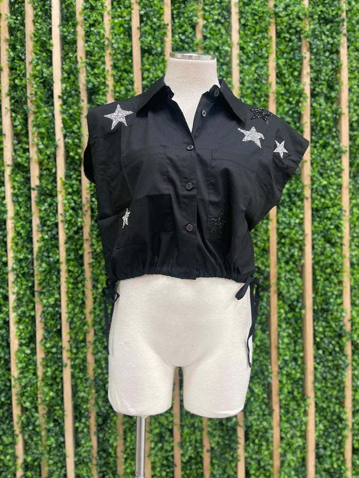 Black Glitter Star Patch Sleeveless Collar Top