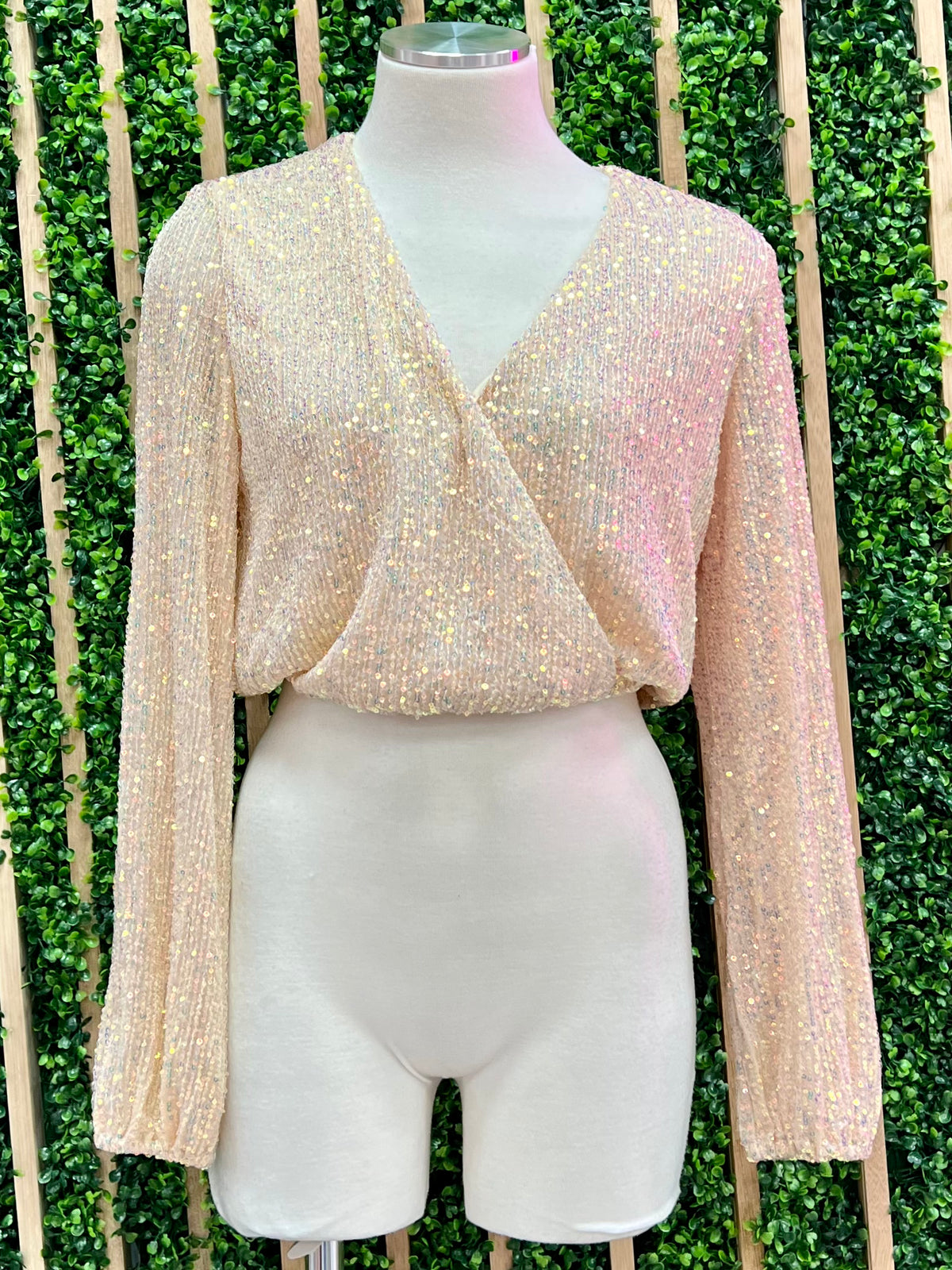 Cream Two Tone Crossed Sequin Top