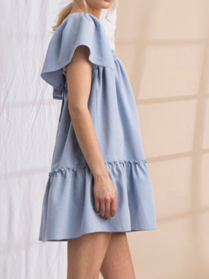 Blue Textured Flutter Sleeve Short Dress