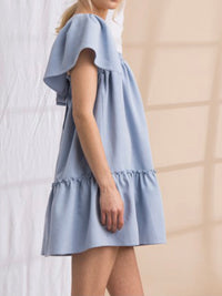 Blue Textured Flutter Sleeve Short Dress