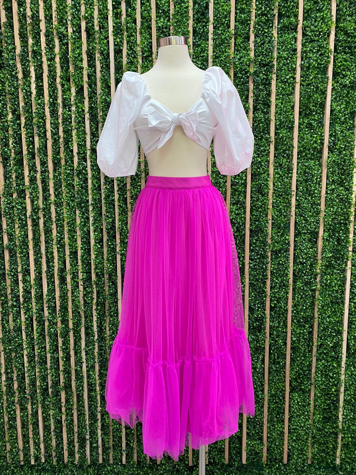 Magenta Tulle Midi Skirt