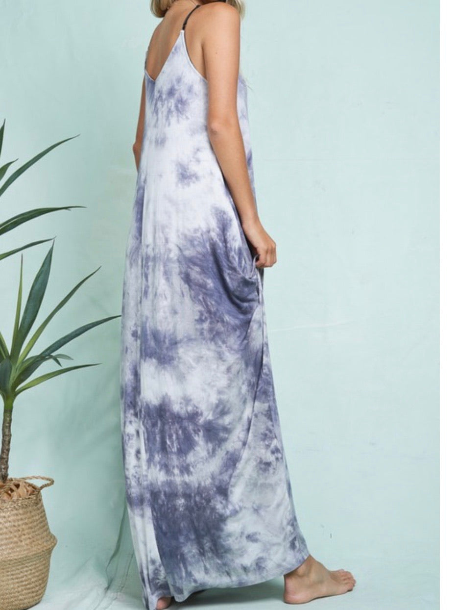 Blue Grey Tie Dye Strap Maxi