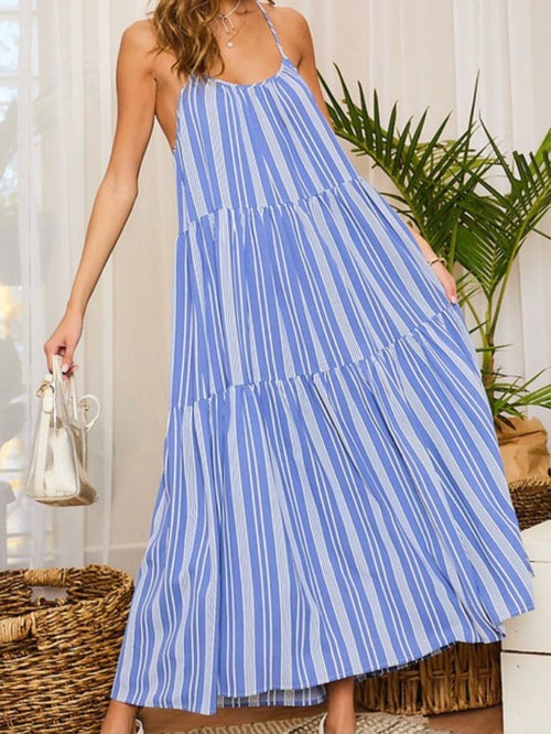 Blue Striped Halter Maxi Dress