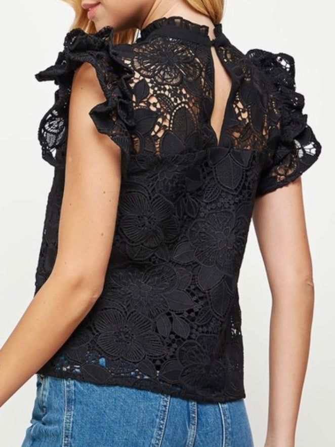 Black Lace Ruffled Neck Blouse