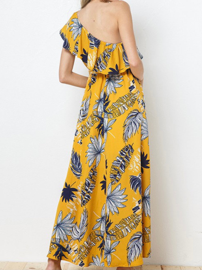 Mustard Tropical One Shoulder Maxi Dress