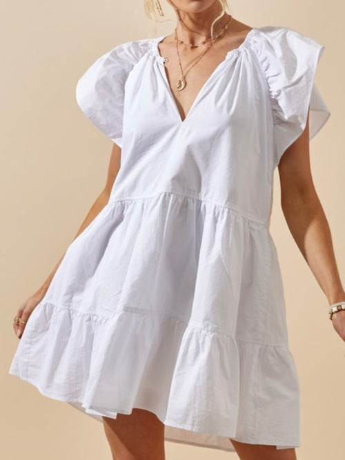 White Angel Sleeves Tiered Short Dress