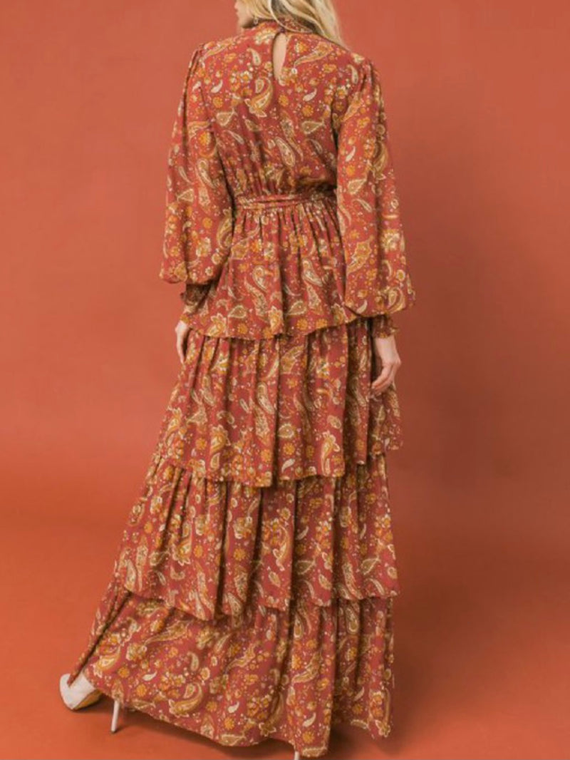 Burgundy Paisley Tiered Long Sleeve Maxi