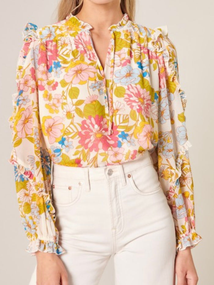 Yellow Floral Balloon Sleeve Long Sleeve Blouse