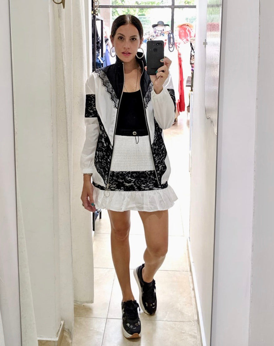 White Black Lace Windbreaker Skirt Set