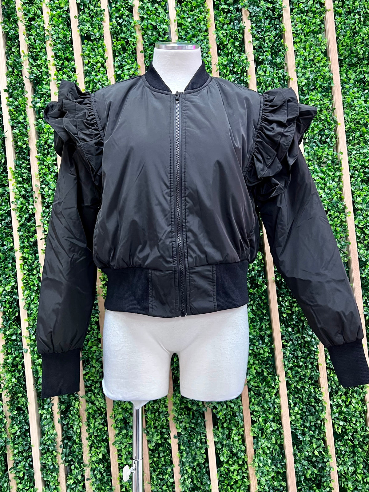 Black Ruffle Shoulder Bomber jacket