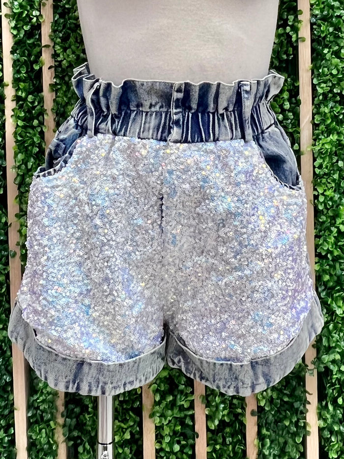 Sequin Panel High Waist Denim Shorts