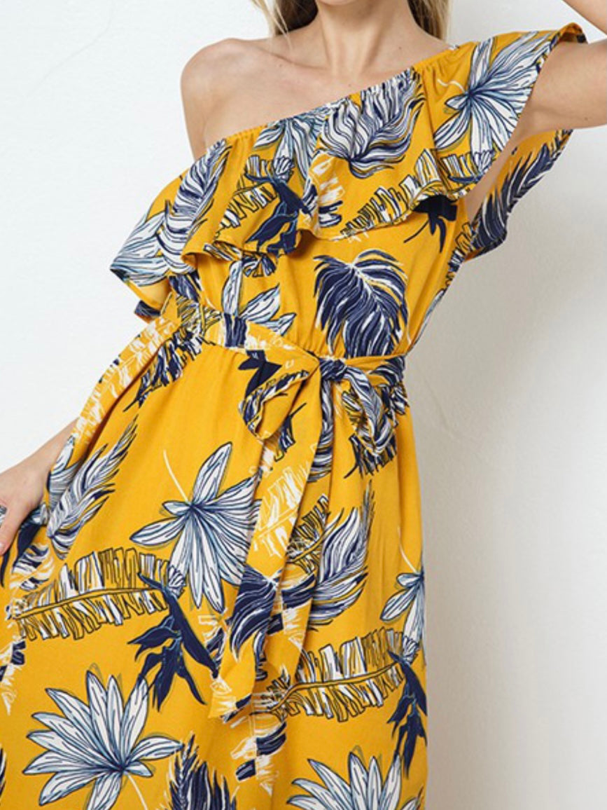 Mustard Tropical One Shoulder Maxi Dress