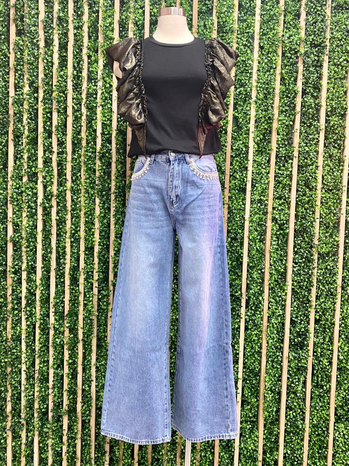 Black Metallic Ruffle Detail Top