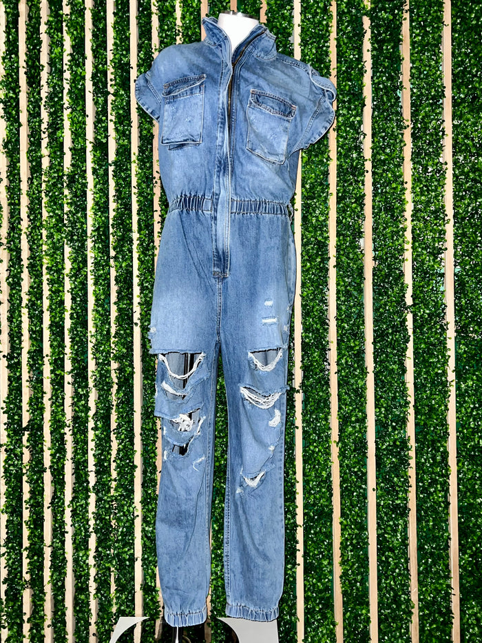 Medium Wash Cap Sleeve Denim Jumpsuit