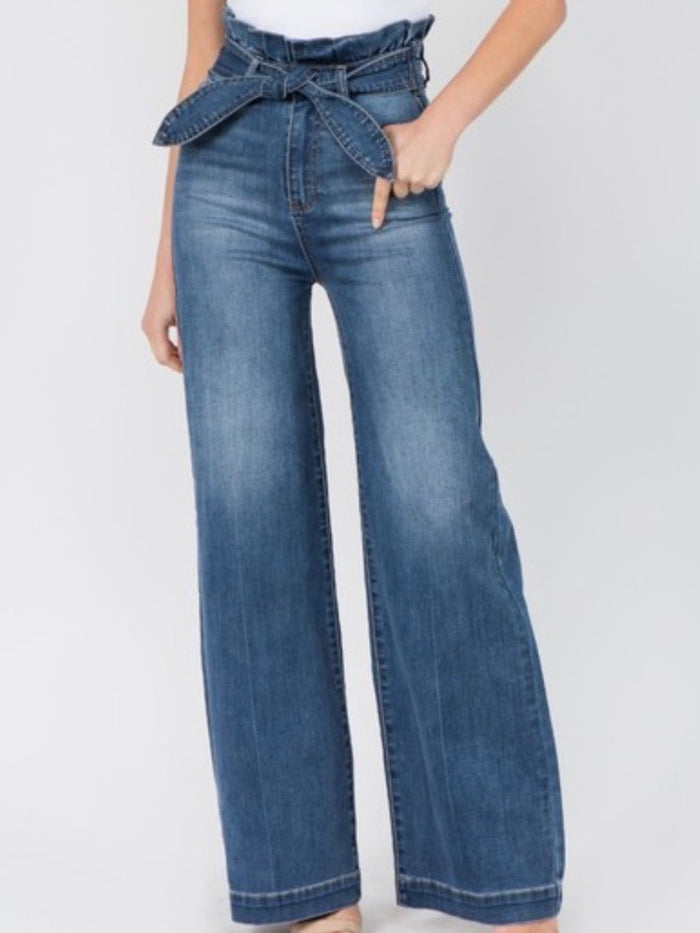 Ruffle Waist Wide Leg Jean