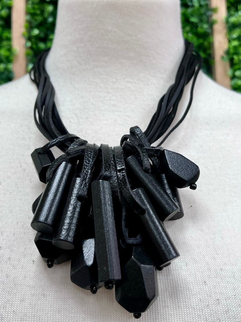 Black Geo Wood Drops Necklace