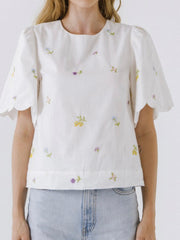 Embroidered Scallop Edge Blouse