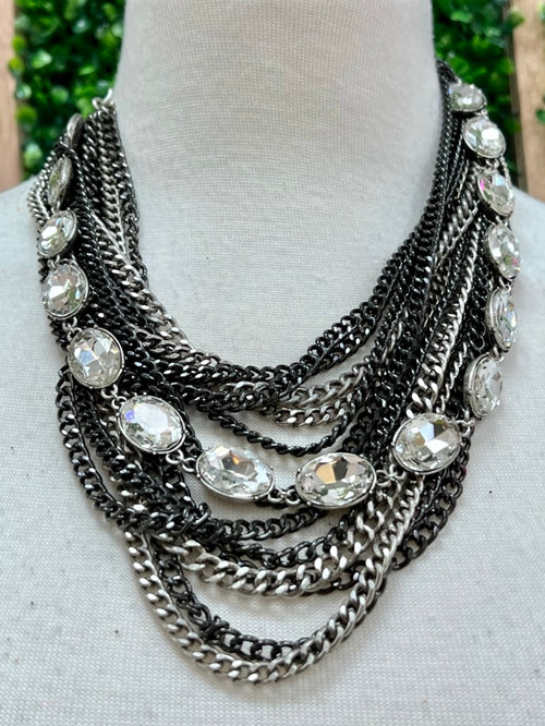 Exquisite Silver Multi Chain Crystals Necklace