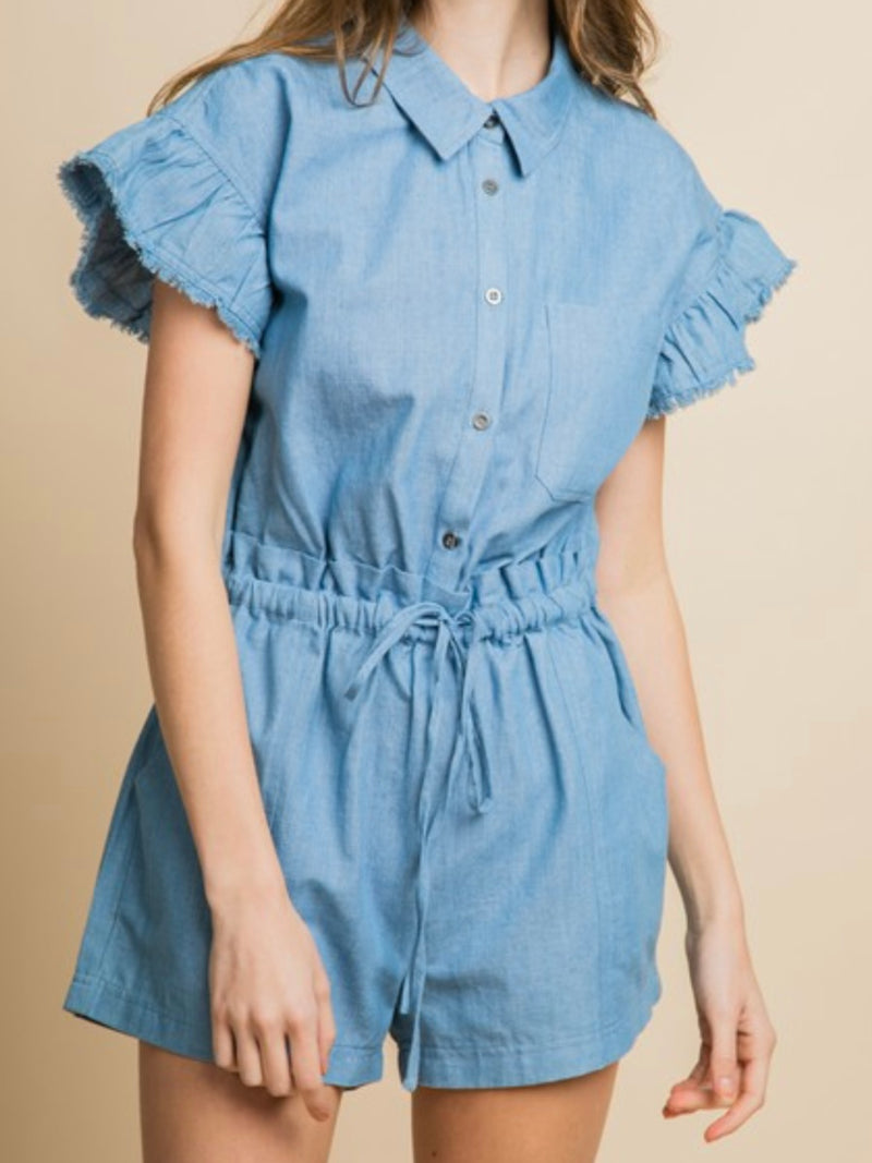 Ruffled Sleeve Paperbag Denim Romper