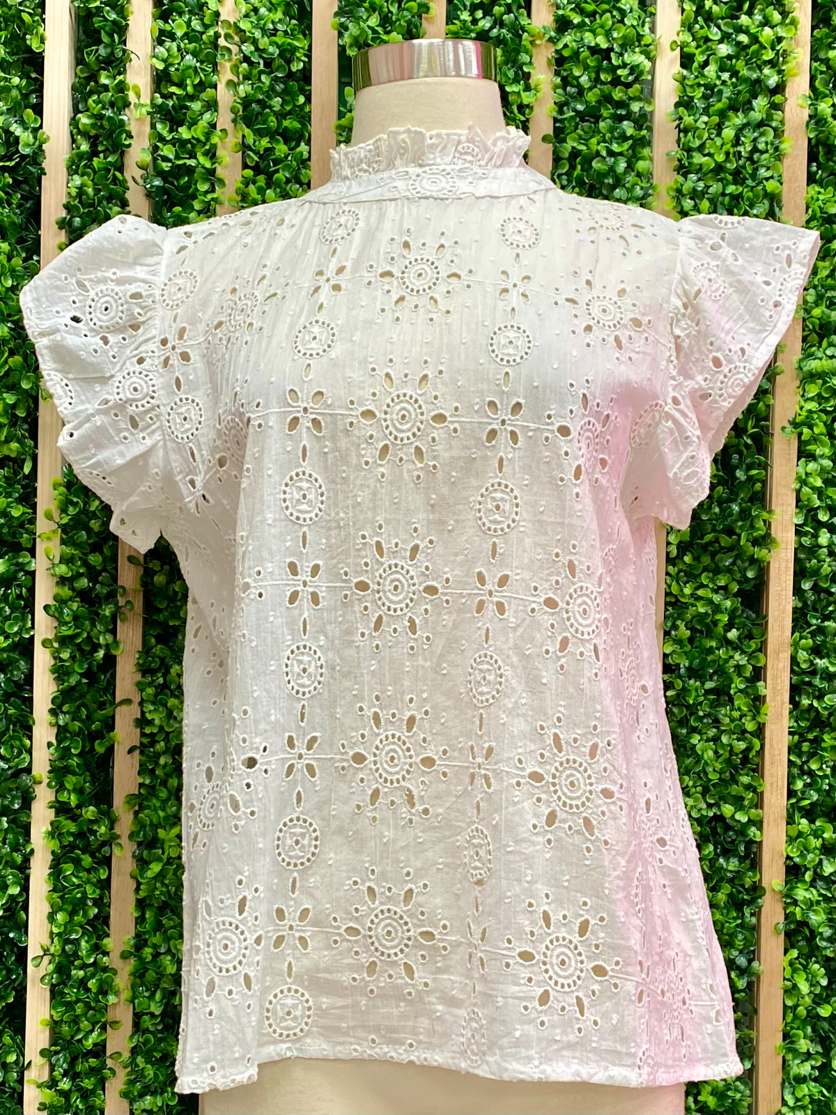 White Eyelet Flutter Sleeve Top