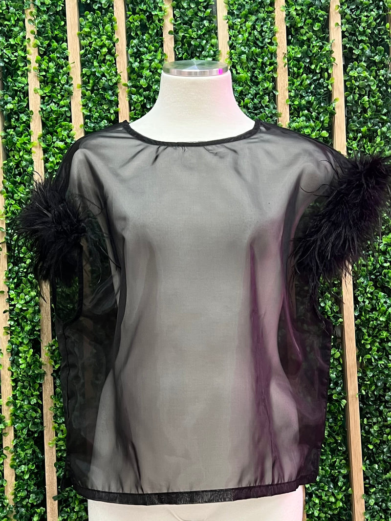 Black Organza Feather Cap Sleeve Blouse