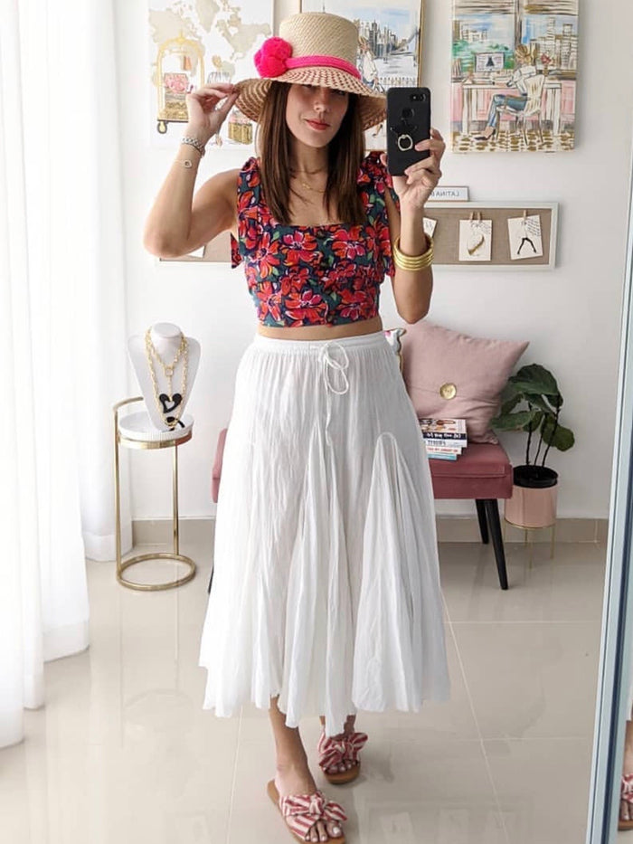 White Cotton A Line Midi Skirt