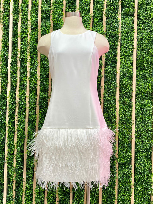 Exquisite White Feather Trim Drop Waist Dress