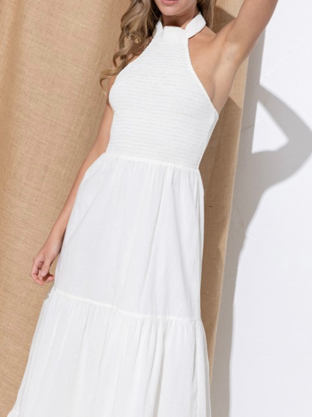 White Smocked Halter Maxi Dress