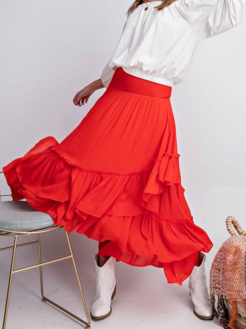 Hot Coral Tiered Midi Skirt