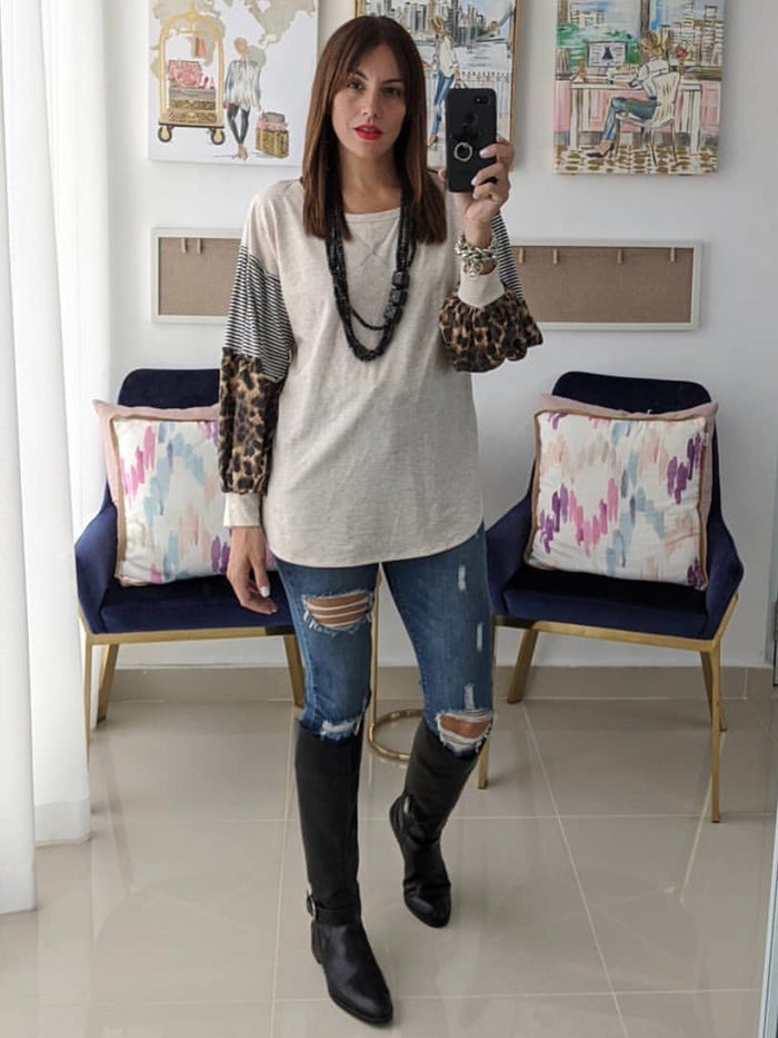Leopard Block Puff Sleeve Sweater