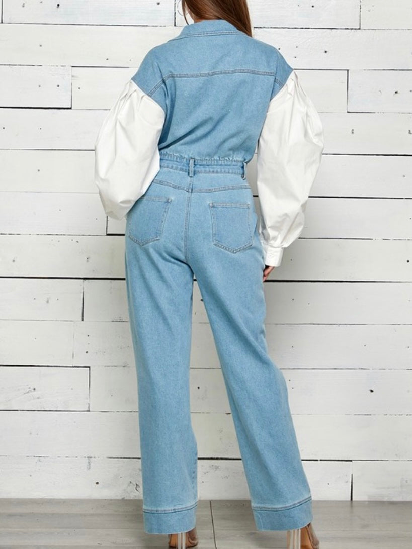 Contrast Sleeve Denim Jumpsuit