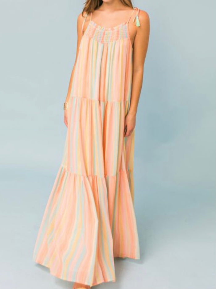 Bright Pastel Striped Tiered MAxi Dress