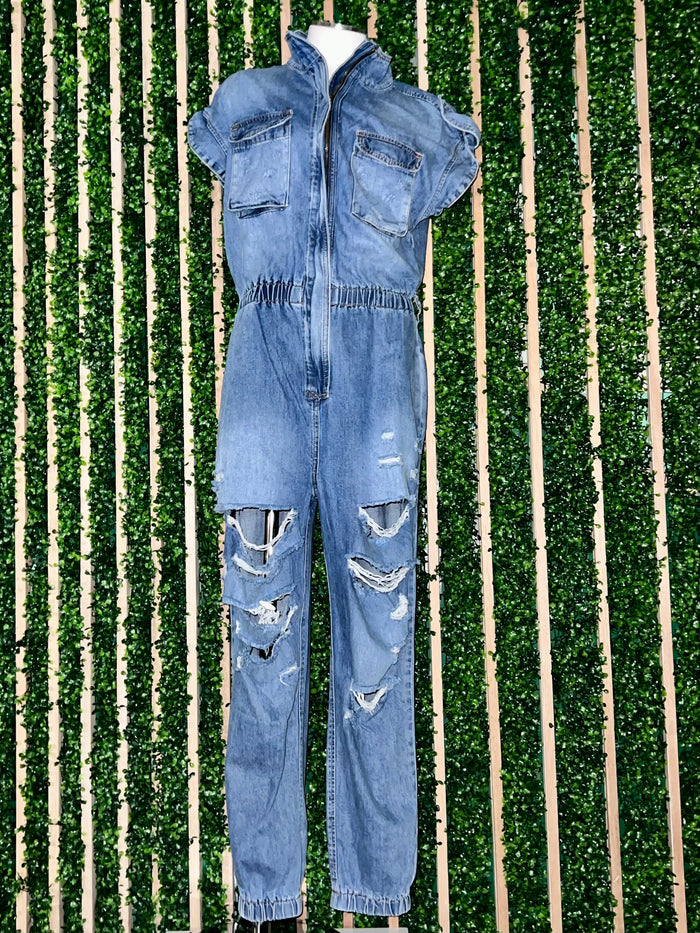 Medium Wash Cap Sleeve Denim Jumpsuit