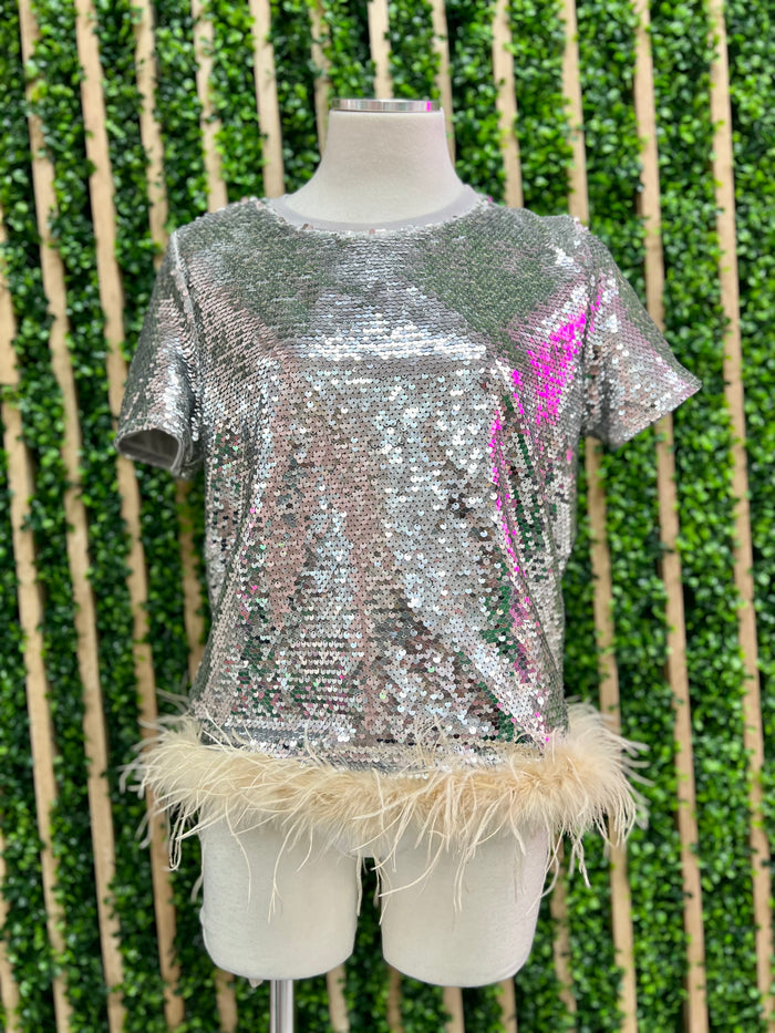 Feather Trim Silver Top