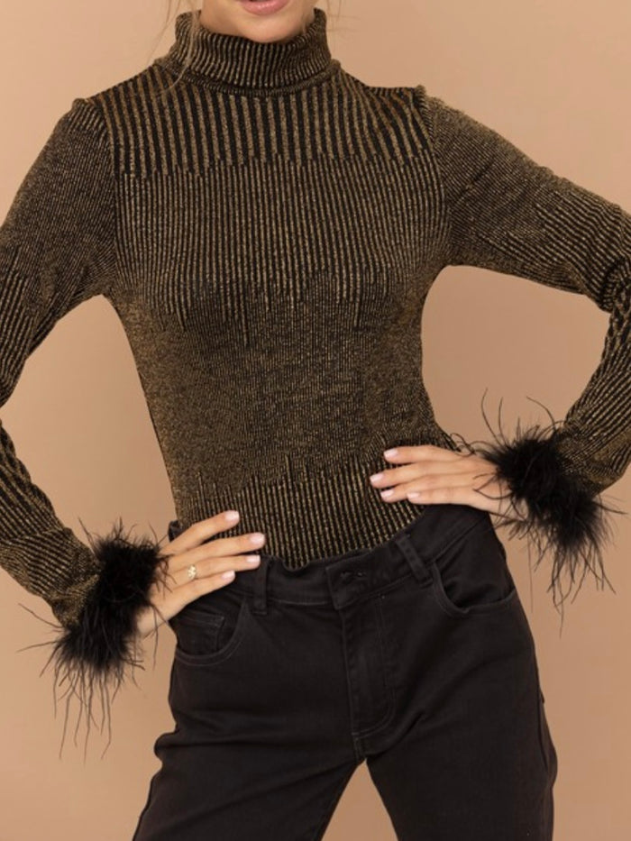Feather Trim Gold Metallic Bodysuit