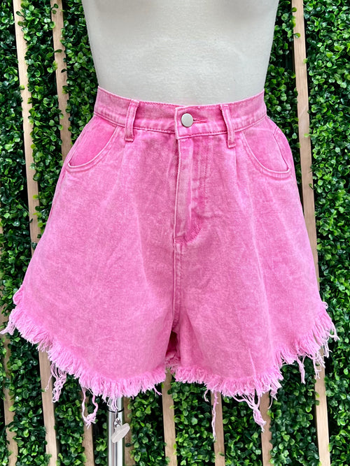Washed Pink Frayed Denim Shorts