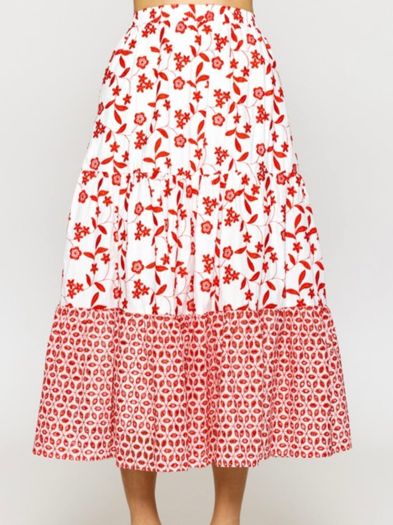 Red Emroidered Midi Skirt