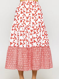 Red Emroidered Midi Skirt