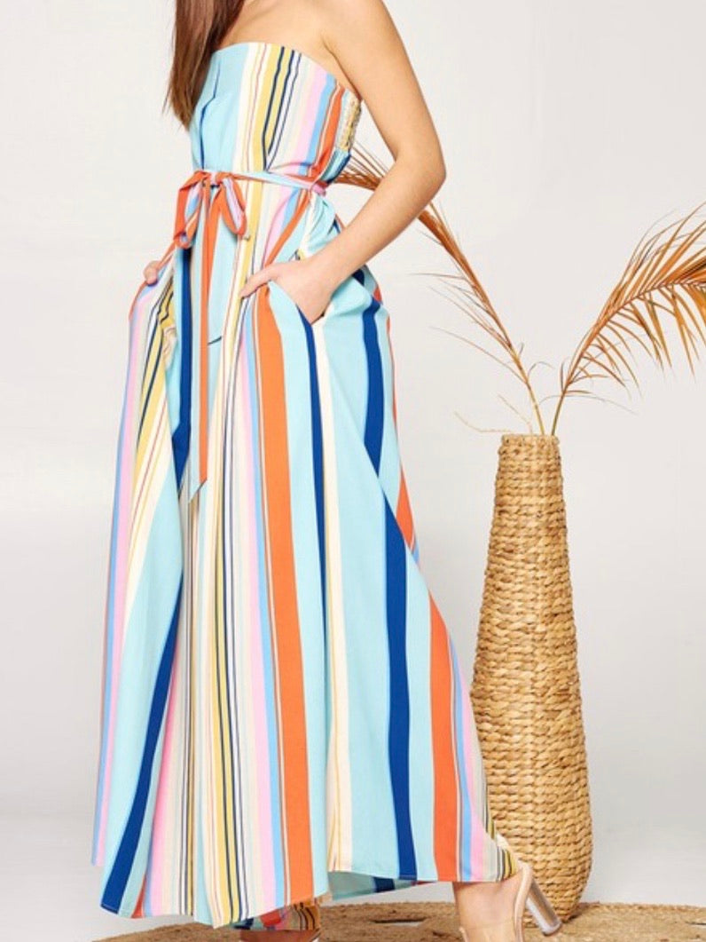 Wide Leg Striped Strapless jumpsuit