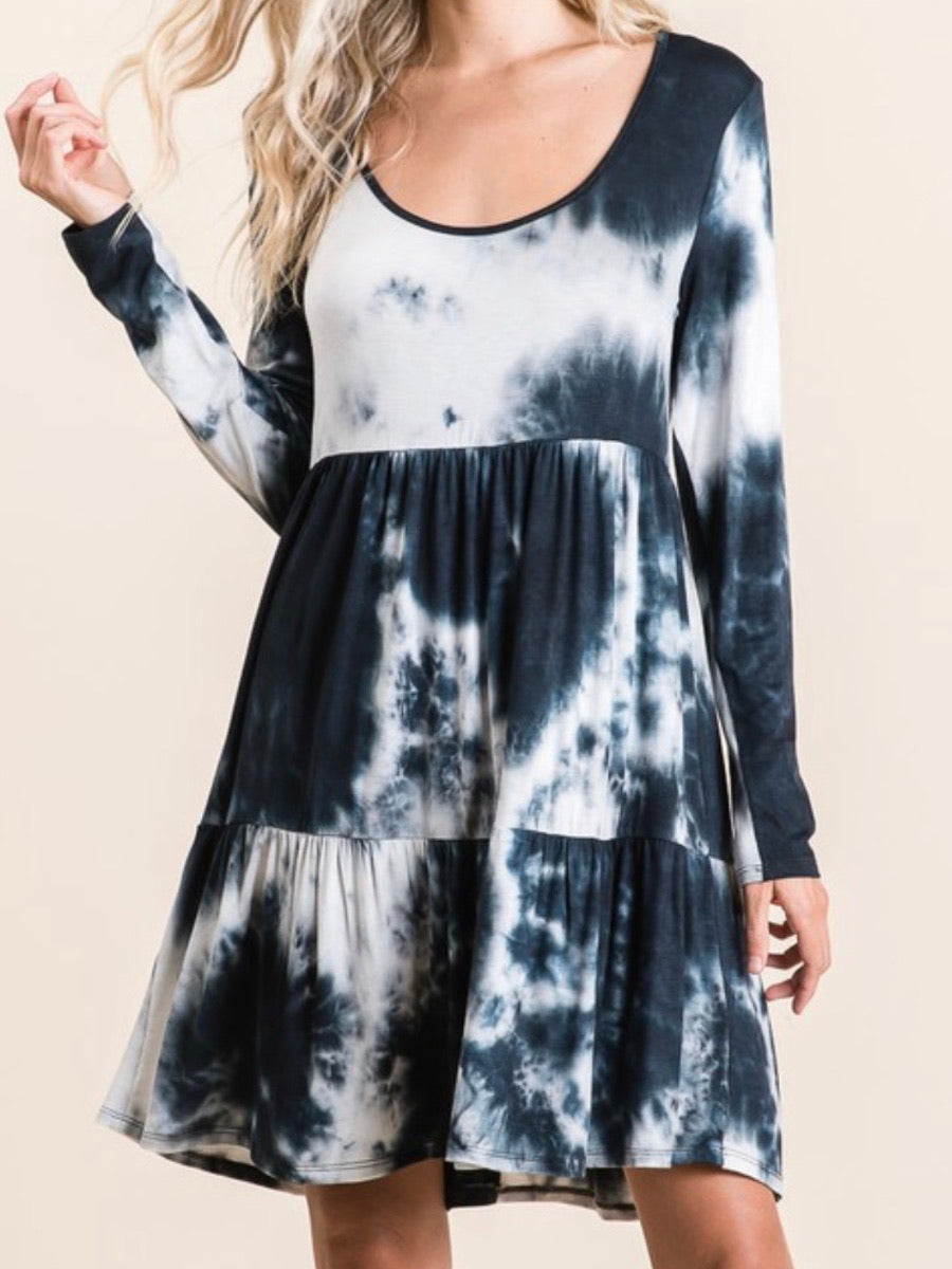 Tie Dye Tiered Long Sleeve Short Dress