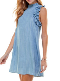 Denim Ruffled Neckline Short Dress