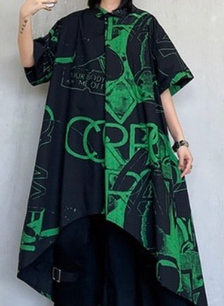 Black Green Print Oversized Dress