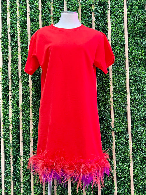 Fuchsia Red Feather T Shirt Dress