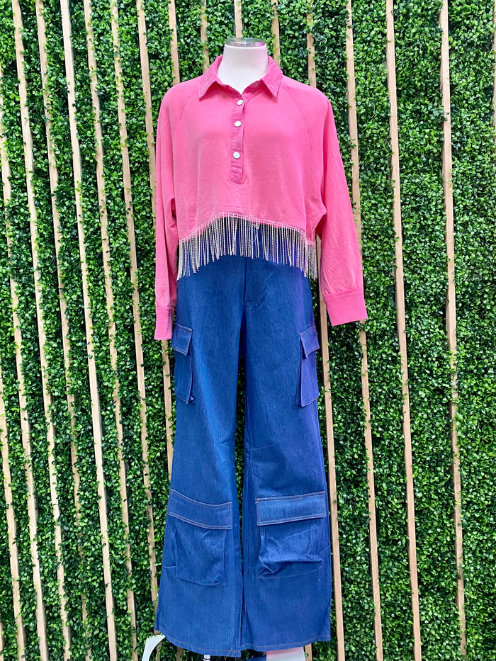 Mineral Wash Rhinestone Trim Collar Top
