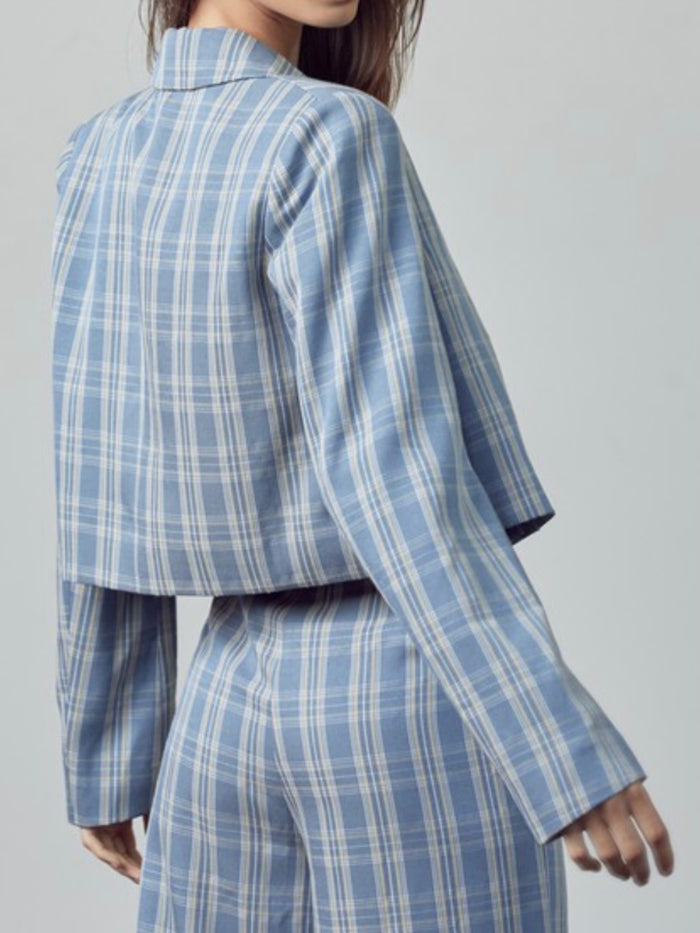 Blue Plaid Crop Blazer